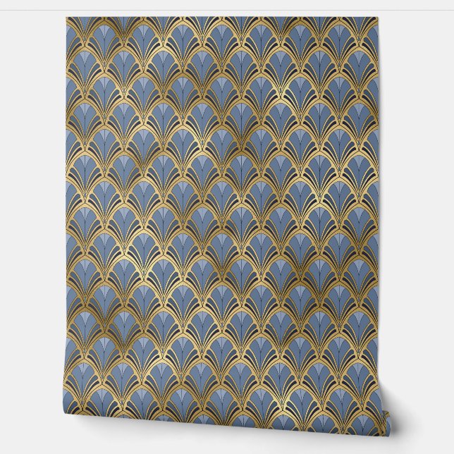 Elegant Blue Gold Art Deco Vintage Pattern Wallpaper (Unrolling)