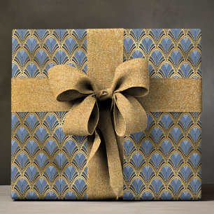 Elegant Blue Gold Art Deco Vintage Pattern Wrapping Paper