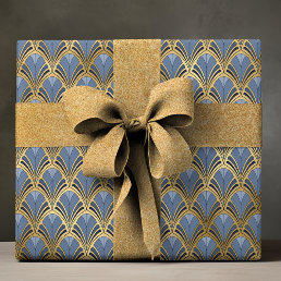 Elegant Blue Gold Art Deco Vintage Pattern Wrapping Paper
