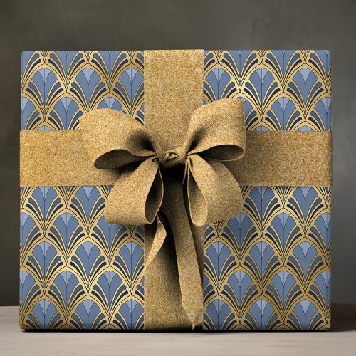 Elegant Blue Gold Art Deco Vintage Pattern Wrapping Paper