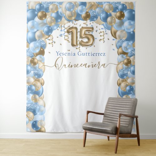 Elegant Blue Gold Balloon Arch Quinceanera Tapestry