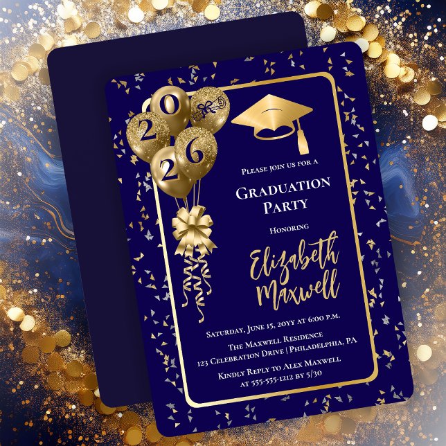 Elegant Blue Gold Balloons Graduation Party Invitation (Elegant Blue and Gold Tone Graduation Party Invitation Balloons and Confetti - Print | Digital)