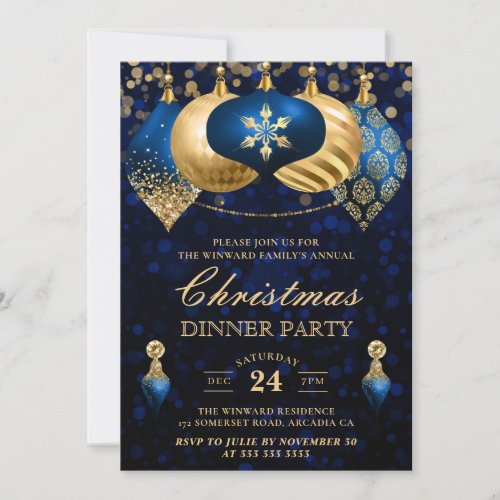 Elegant Blue  Gold Baubles Christmas Dinner Party Invitation
