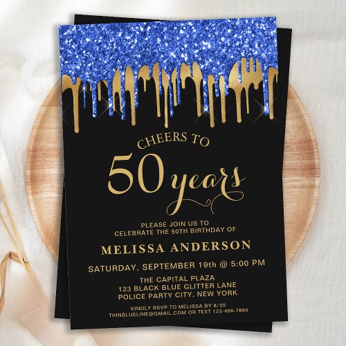 Elegant Blue Gold Black Glitter Drips 50 Birthday Invitation