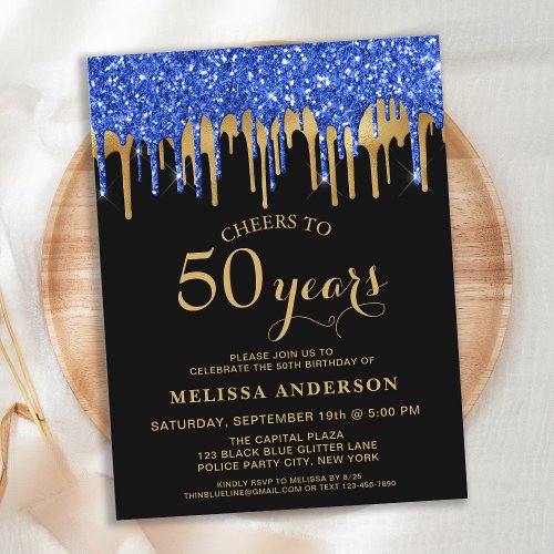 Elegant Blue Gold Black Glitter Drips 50 Birthday Invitation Postcard