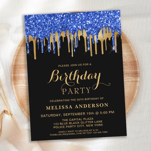 Elegant Blue Gold Black Glitter Drips Birthday Invitation Postcard