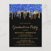 Elegant Blue Gold Black Glitter Drips Graduation Invitation Postcard (Front)