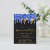 Elegant Blue Gold Black Glitter Drips Graduation Invitation Postcard (Standing Front)