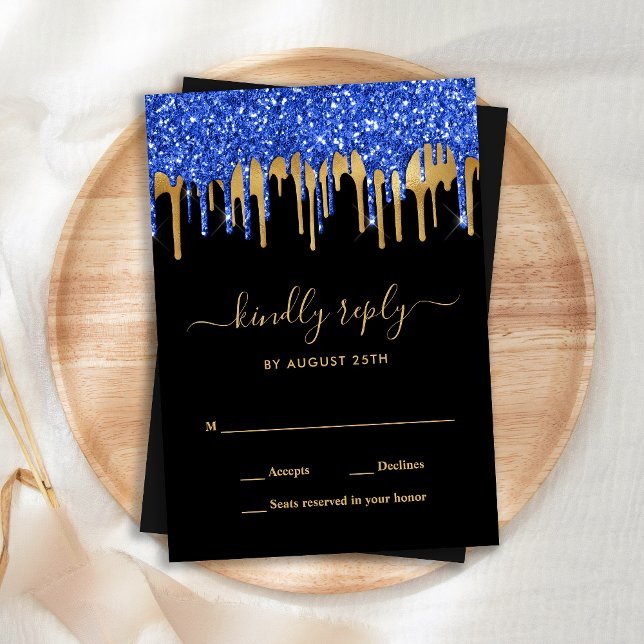Elegant Blue Gold Black Glitter Drips Wedding RSVP Note Card (Creator Uploaded)