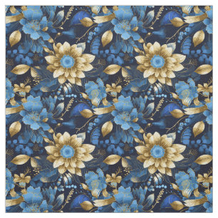 Elegant Blue & Gold Boho Chic Floral Pattern Fabric
