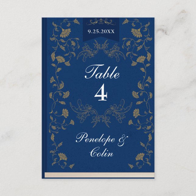 Elegant Blue Gold Book Cover Wedding Table Number (Front)