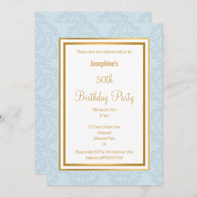 ELEGANT BLUE GOLD BORDER ABSTRACT BIRTHDAY INVITATION (Front/Back)