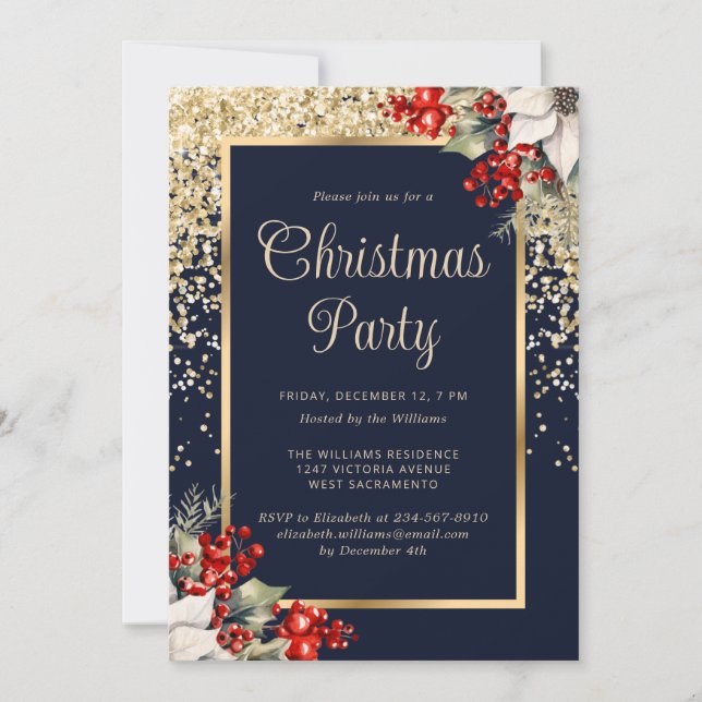 Elegant Blue Gold Botanical Christmas Party Invitation (Front)