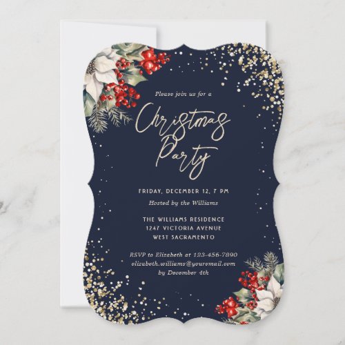 Elegant Blue Gold Botanical Christmas Party Invitation