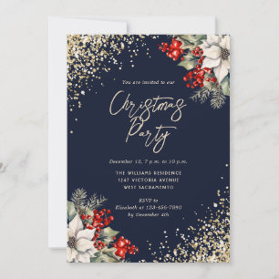 Elegant Blue Gold Botanical Christmas Party Invitation