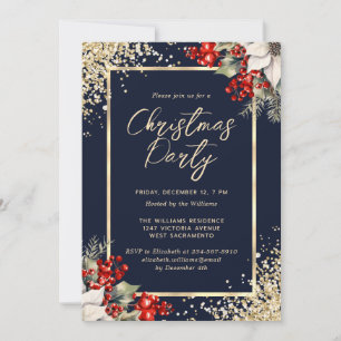 Elegant Blue Gold Botanical Christmas Party Invitation