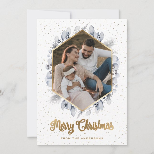 Elegant Blue Gold Botanical Geo Photo Christmas Holiday Card (Front)