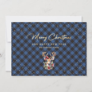 Elegant Blue Gold Buffalo Plaid Christmas Cards