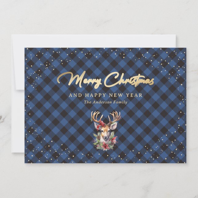 Elegant Blue Gold Buffalo Plaid Christmas Cards (Front)