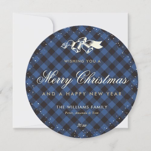 Elegant Blue Gold Buffalo Plaid Merry Christmas Holiday Card