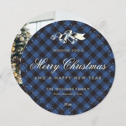 Elegant Blue Gold Buffalo Plaid Photo Christmas Holiday Card