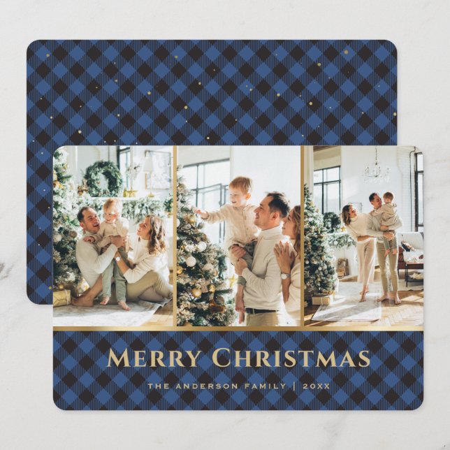 Elegant Blue Gold Buffalo Plaid Photo Christmas Holiday Card (Front/Back)