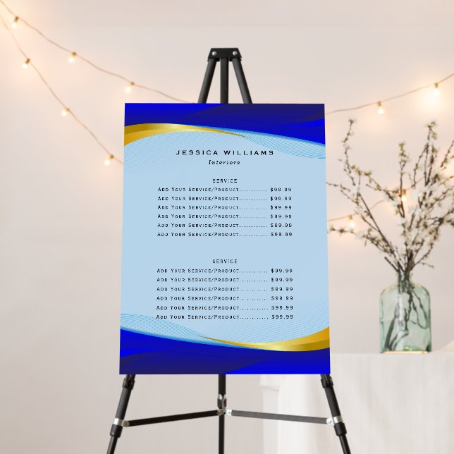 Elegant Blue Gold Business Service Menu Foam Board (In Situ (Stand))