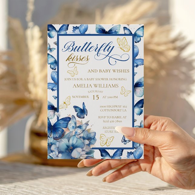 Elegant Blue Gold Butterfly Baby Shower Invitation (Creator Uploaded)