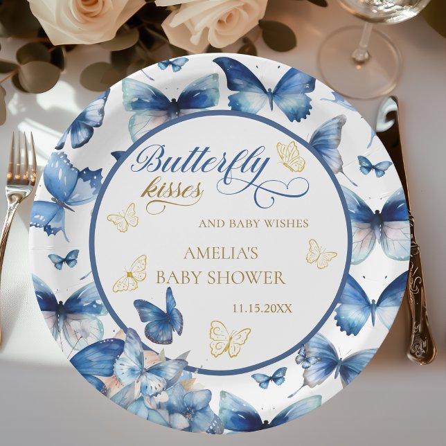 Elegant Blue Gold Butterfly Baby Shower Paper Plates (Creator Uploaded)