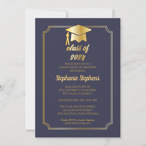 Elegant Blue | Gold Cap College Graduation Party Invitation | Zazzle