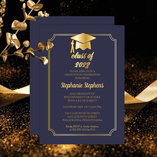Elegant Blue  Gold Cap College Graduation Party Invitation