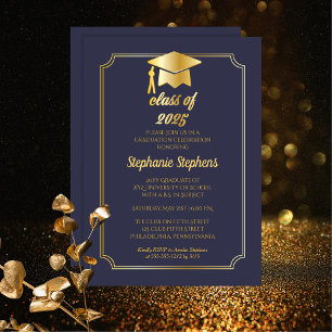 Elegant Blue Gold Cap College Graduation Party Invitation