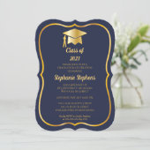 Elegant Blue | Gold Cap Graduation Party Invitation (Standing Front)
