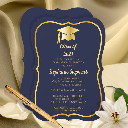 Elegant Blue  Gold Cap Graduation Party Invitation