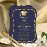 Elegant Blue | Gold Cap Graduation Party Invitation