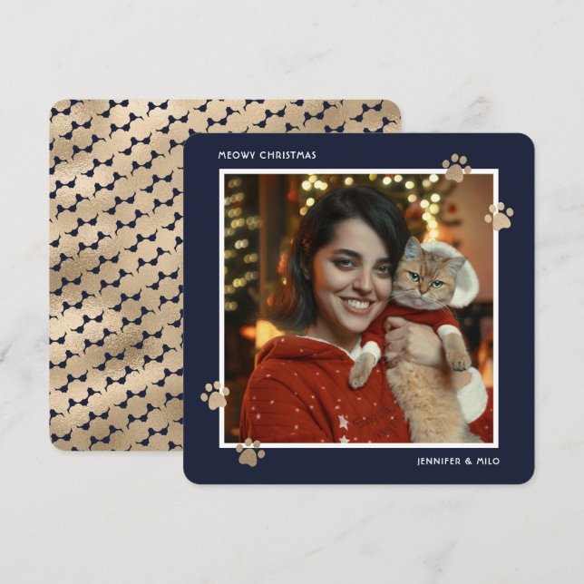 Elegant Blue Gold Cat Owner Photo Meowy Christmas Holiday Card (Front/Back)