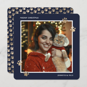 Elegant Blue Gold Cat Owner Photo Meowy Christmas Holiday Card