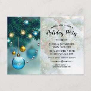 Elegant Blue Gold Christmas Baubles Holiday Party Invitation Postcard