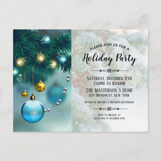 Elegant Blue Gold Christmas Baubles Holiday Party Invitation Postcard 