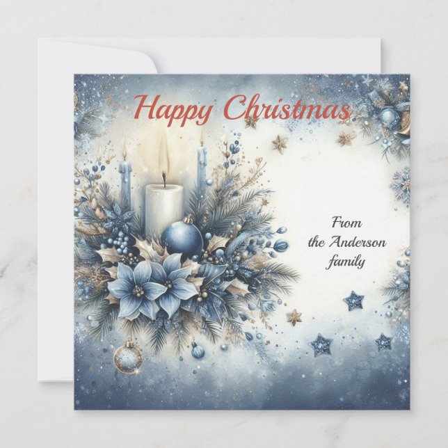 Elegant Blue Gold Christmas Decorations Holiday Card (Front)