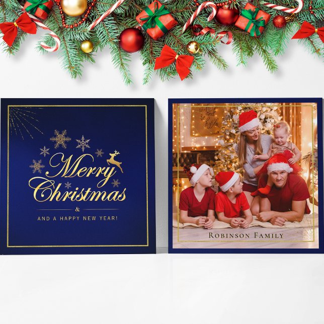 Elegant Blue Gold Christmas Double Sided Photo   Note Card (Creator Uploaded)
