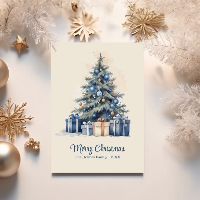 Elegant Blue & Gold Christmas Tree Card (Elegant Blue & Gold Christmas Tree Card on a table with white and gold Christmas decoration)