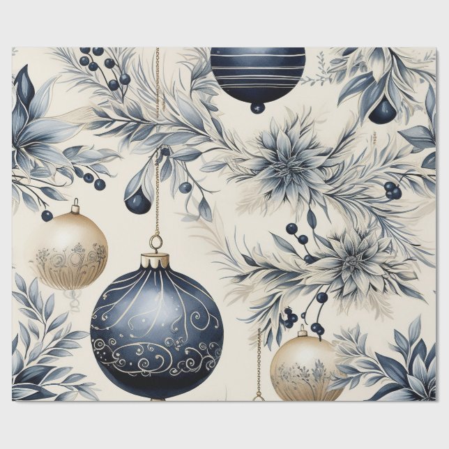 Elegant Blue & Gold Christmas Wrapping Paper (Flat)