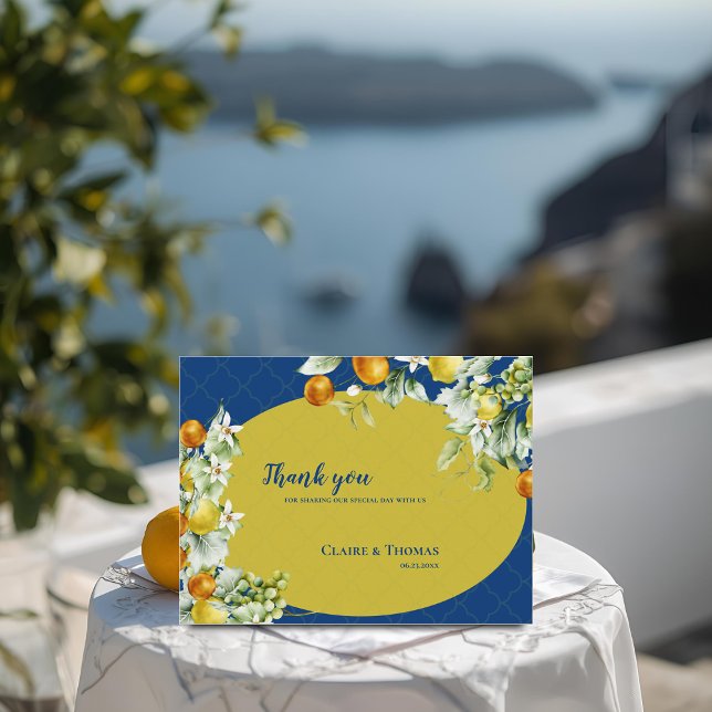 Elegant Blue Gold Citrus Floral Wedding Thank You Postcard (Elegant Blue Gold Citrus Floral Wedding Thank You Postcard)