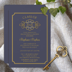 Elegant Blue Gold College Graduation Party Invitation