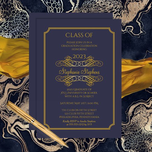 Elegant Blue  Gold College Graduation Party Invitation