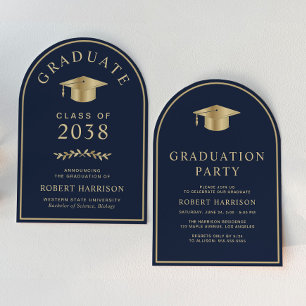 Elegant Blue Gold College Graduation Party Invitation