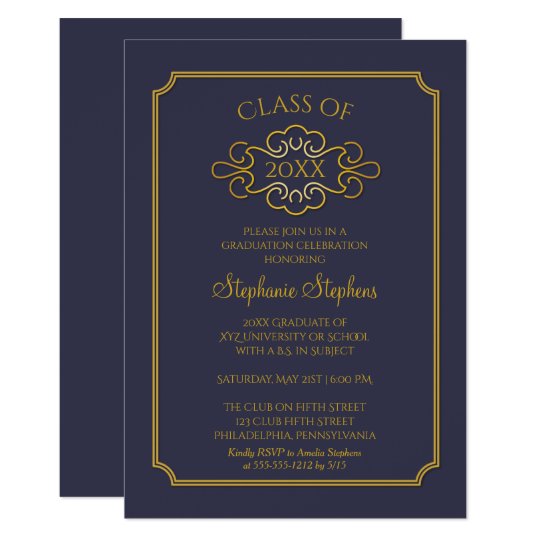 elegant blue gold college graduation party invitation zazzle com
