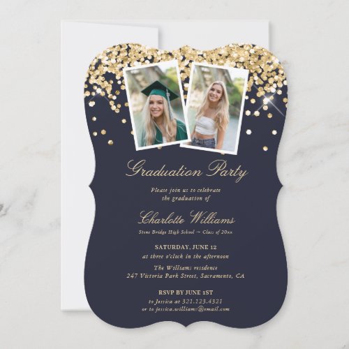 Elegant Blue Gold Confetti Photo Graduation Party Invitation