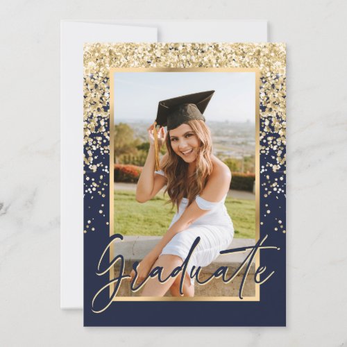 Elegant Blue Gold Confetti Script Photo Grad Party Invitation